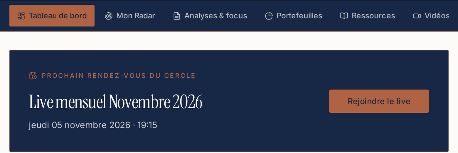 Capture du tableau de bord de l’espace membre et du prochain rendez-vous du Cercle